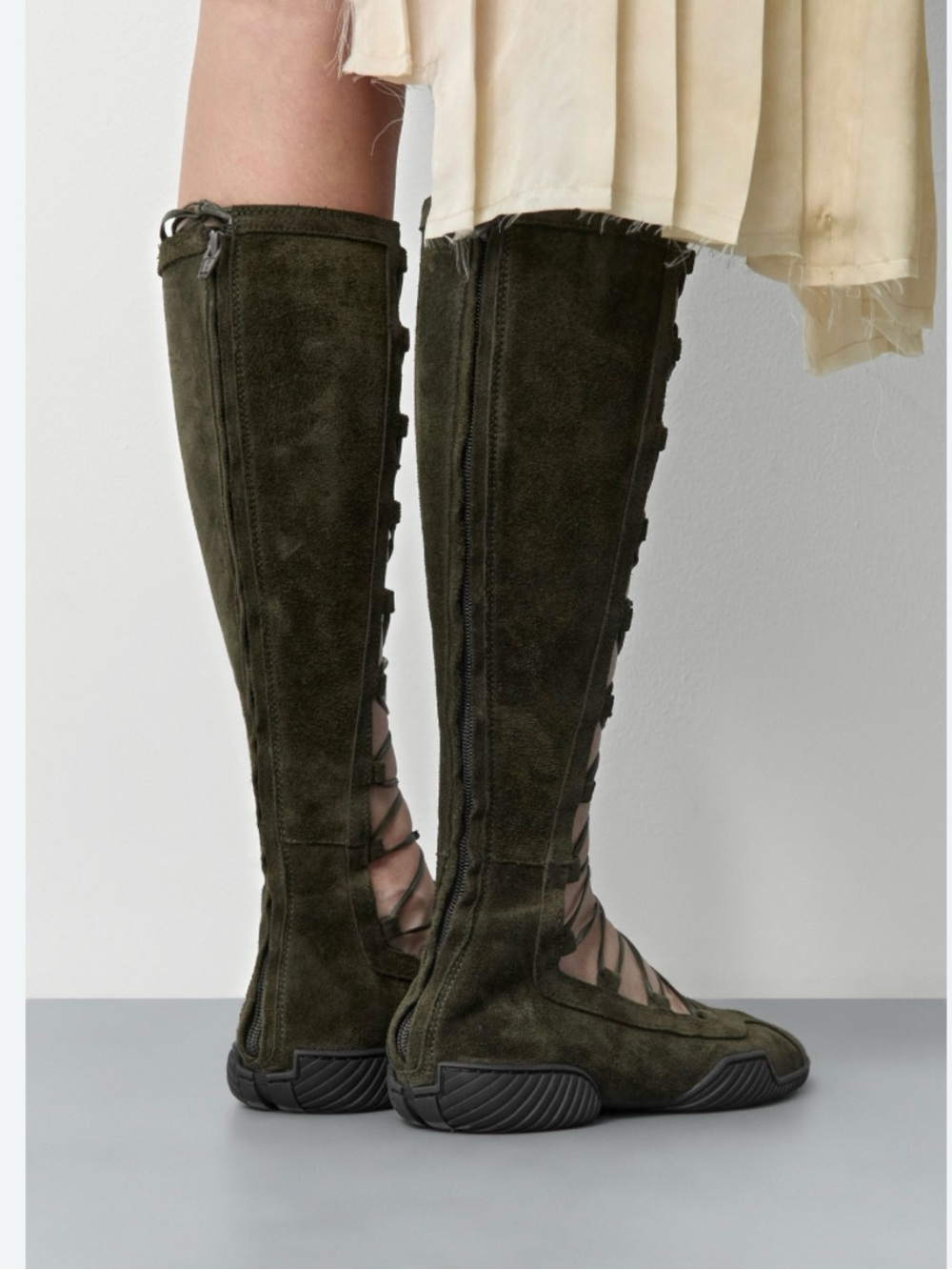 Miista Lace-Up Knee High Suede Sneaker Flats in Olive Green - Picture 2 of 5